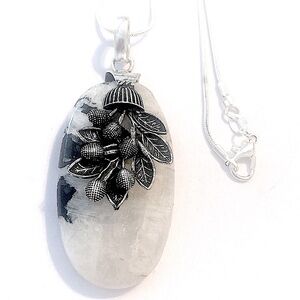 2 inch, 925 marked. Cap Rainbow Moonstone Pendant on a silver chain.